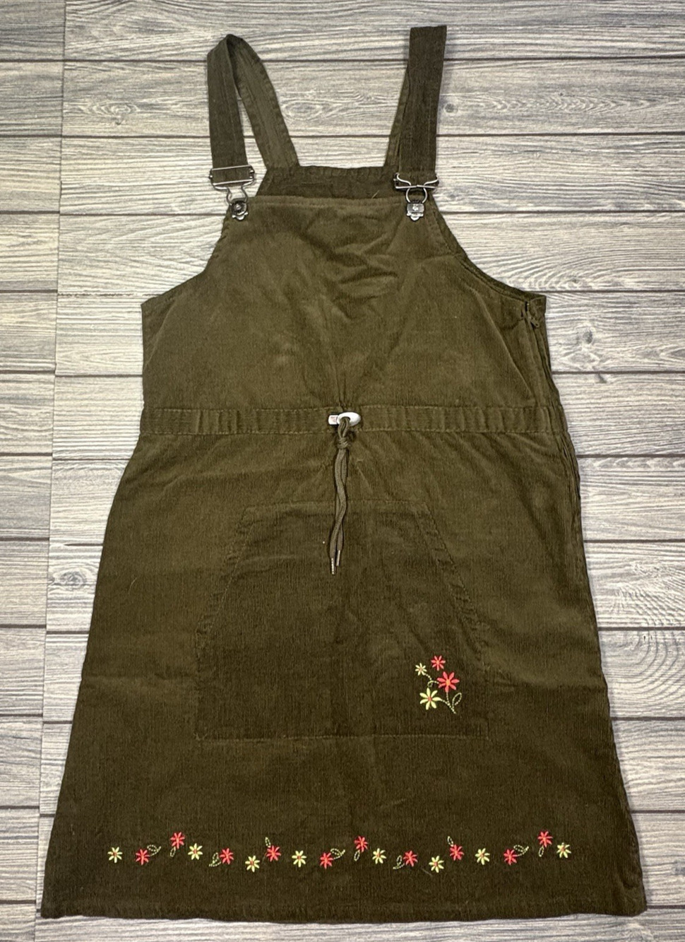 Vintage Faded Glory Green Corduroy Girls Overall Mini Dress Size 14/16 Floral